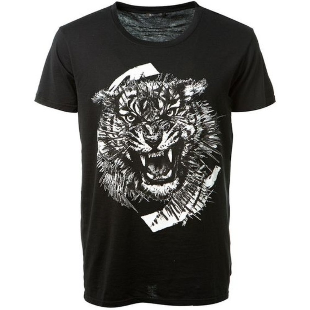 Balmain Tiger Printed Black Cotton T-Shirt Sz S